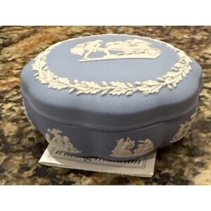 Wedgwood Blue Jasperware Trinket Box Round Scalloped Jewelry Chariot Vintage